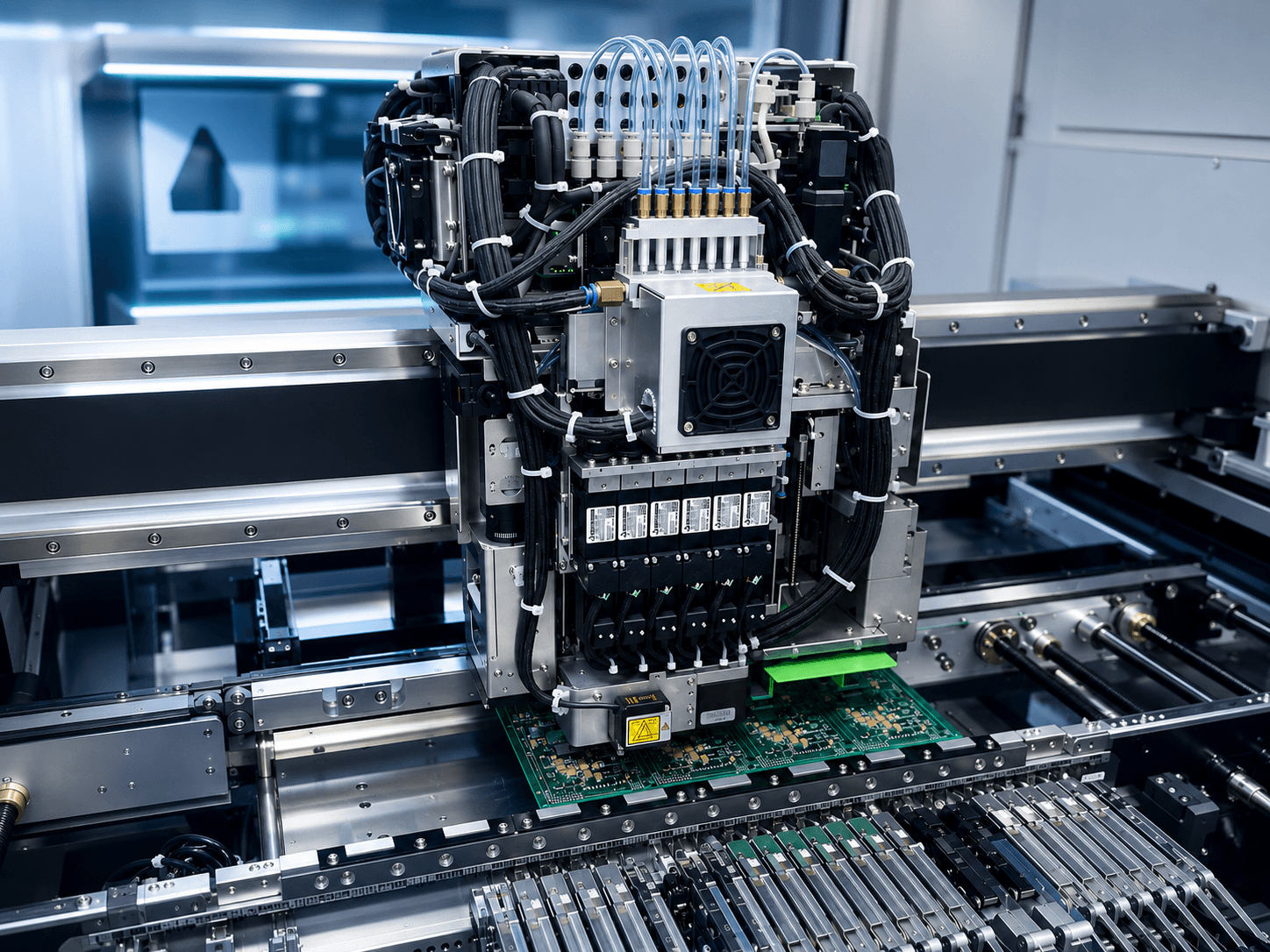 SMT pick-and-place machine assembling a circuit board with component feeders