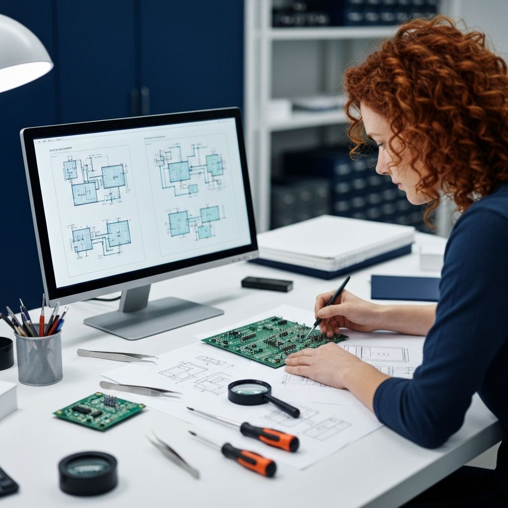 Engineer reviewing product design blueprints and PCB schematics